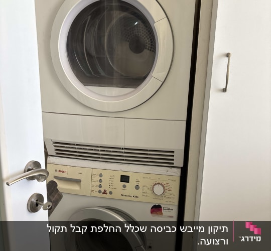 מכונת כביסה ומייבש כביסה סטנדרטיים מוצבים בטור כביסה נייח